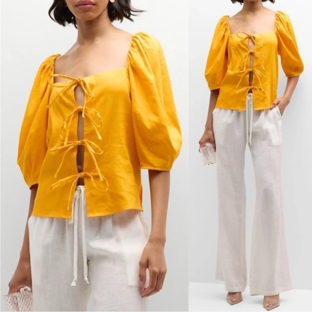 Cult Gaia- Orange Open Aurel Stretch Linen Front-Tie Puff-Sleeve Top Size Small